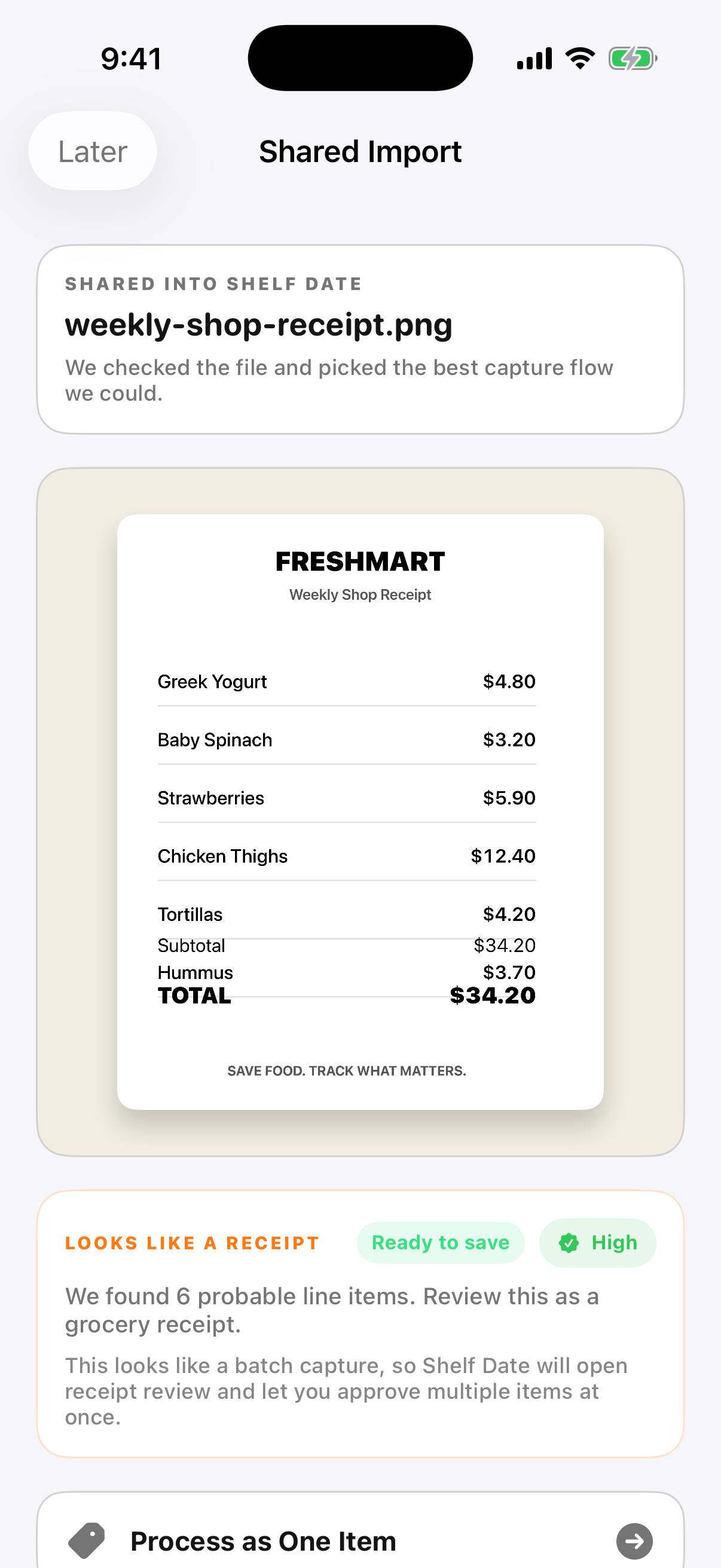 Receipt review screen in Shelf Date after detecting imported grocery items
