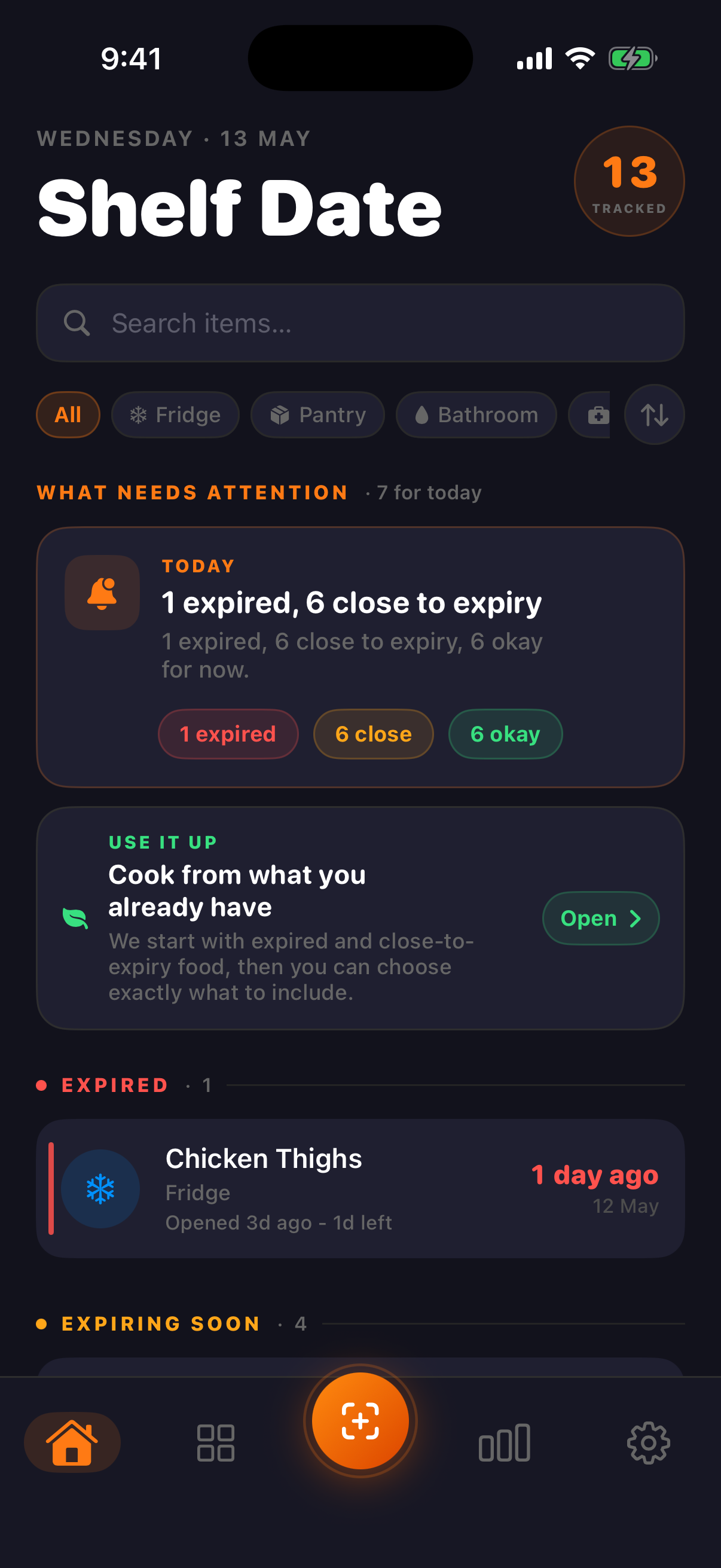 Shelf Date timeline screen showing urgent and upcoming items